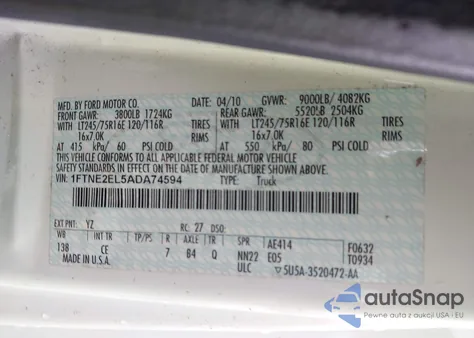 2010 Ford E-250 Commercial/Recreational из США, поврежденный, VIN 1FTNE2EL5ADA74594